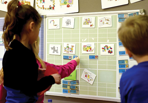 Three preschool-aged children stand in front of a visual routine board hanging up pictures in the appropriate categories.
