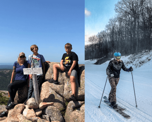 Ally with her two children atop a mountain and Ally skiing.